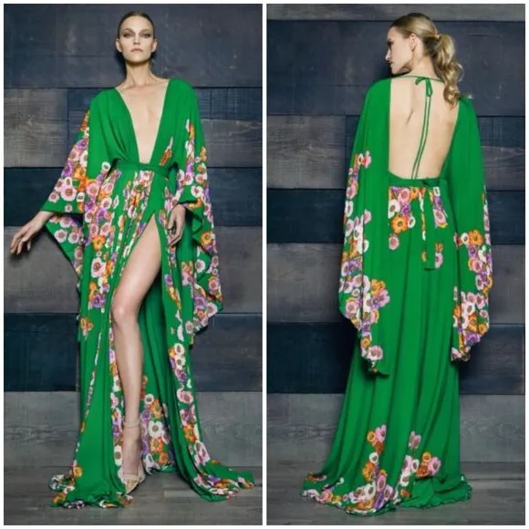 đź’•MICHAEL COSTELLOđź’• Plunging Kimono Dress ~ Green Floral Print - Image 2