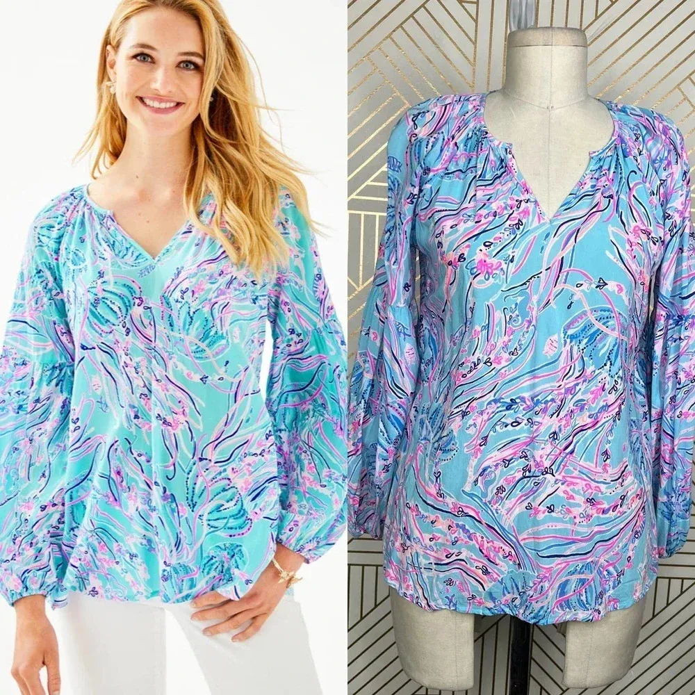 Lilly Pulitzer‎ Winsley Top In Lapis Lazuli Horseshoe Bay Blue Pink Size US XS - Image 2