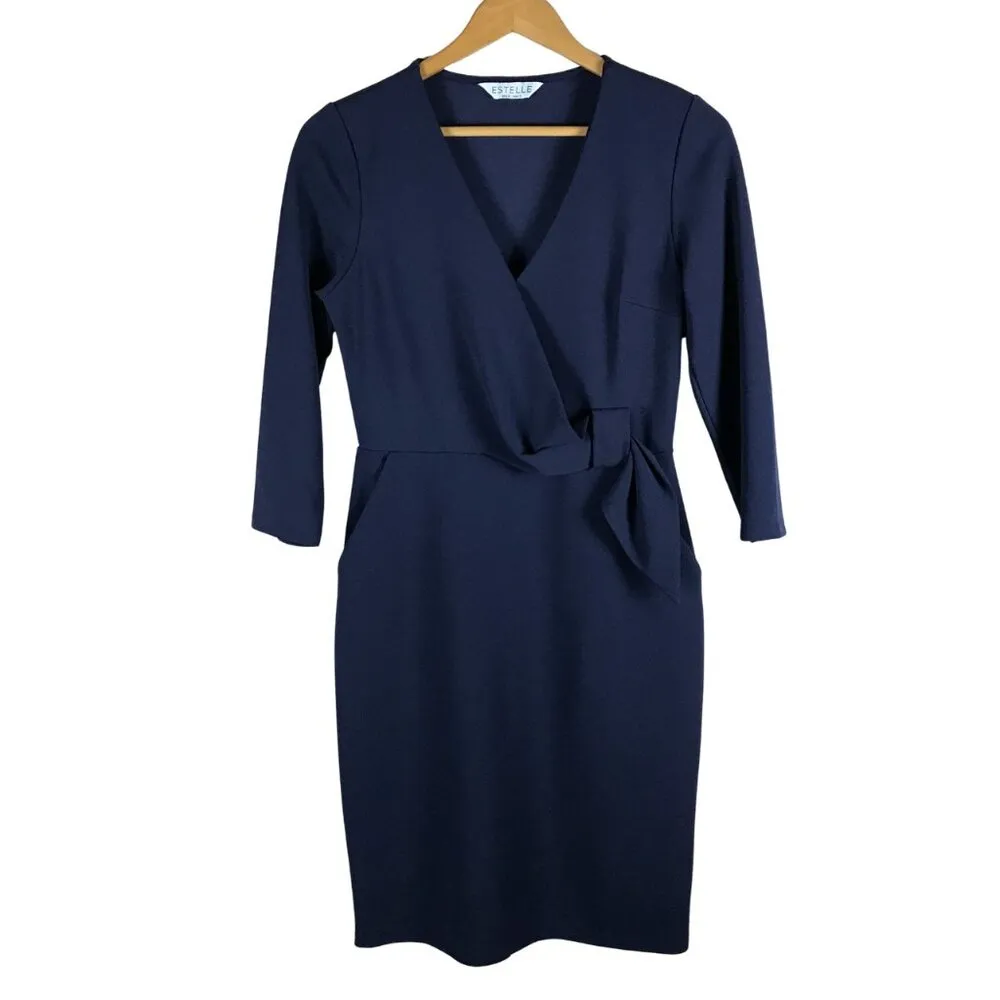 ESTELLE Indigo Structured Crepe Faux Wrap Sheath Dress SMALL - Image 4