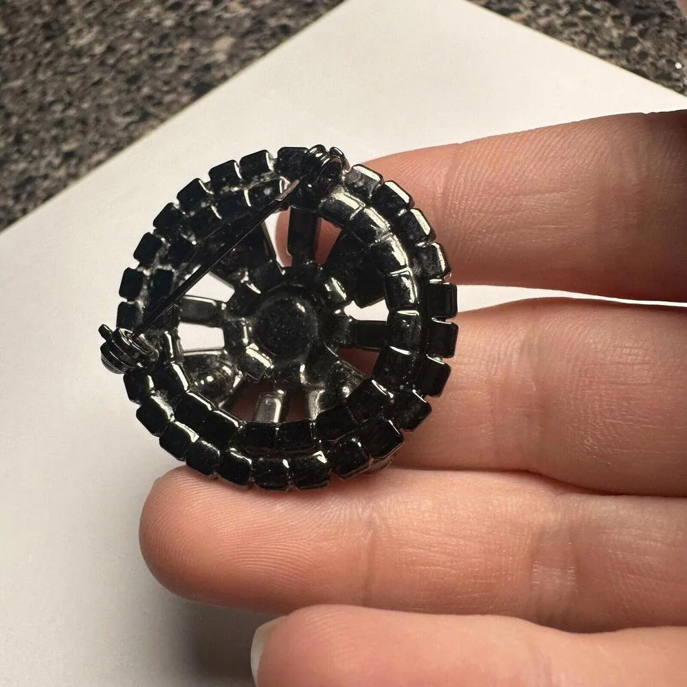 Prong Set Rhinestone Blue & Green Gunmetal Tone Round Brooch Pin - Image 4