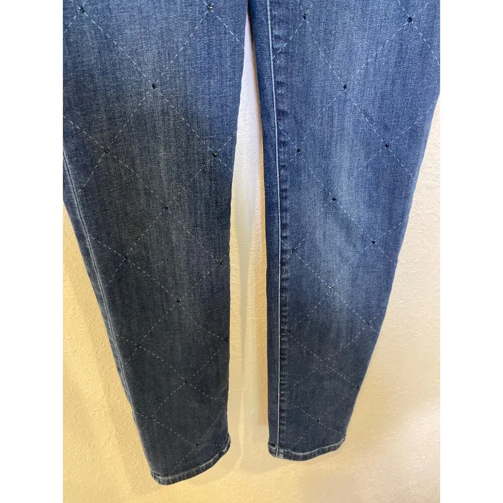 Chico’s Pull On Denim Dark Blue Wash Jeggings EUC Sz 4R Rhinestones Argyle Print - Image 3