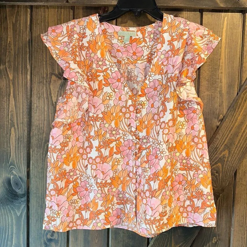 NWT Ryegrass Floral Ruffle Sleeve Button Down Blouse Orange Size L - Image 5