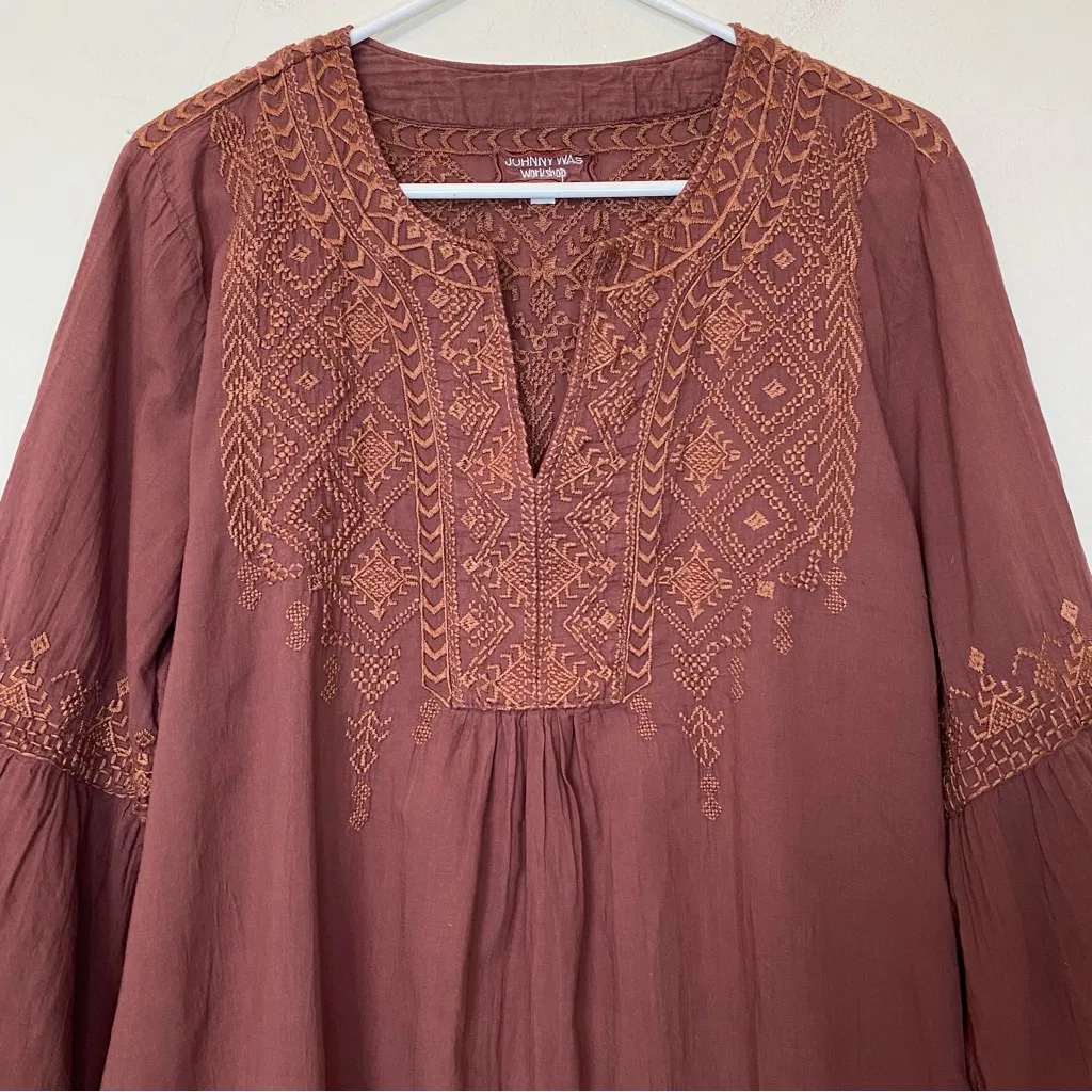 JOHNNY WAS Workshop Megan Embroidered Flare Sleeve Tunic Top Cocoa Brown Sz XL - Image 2