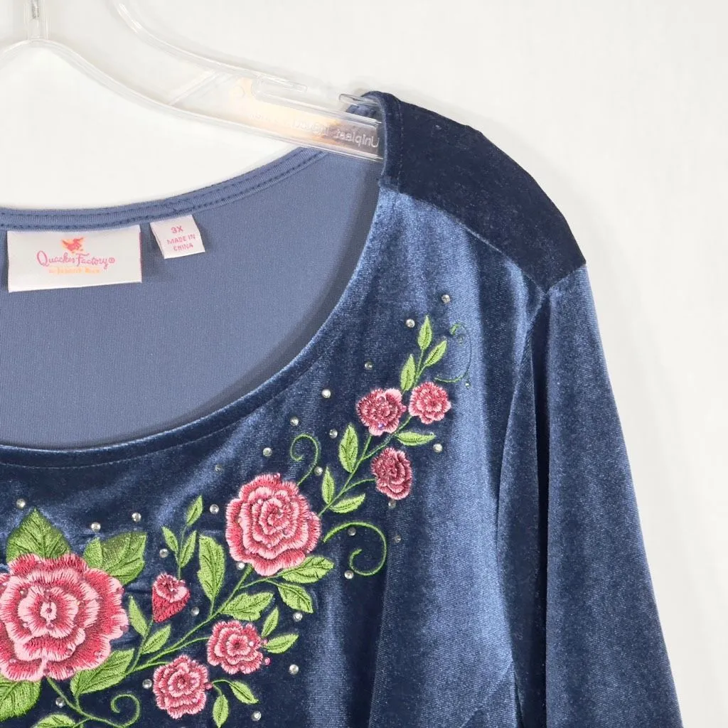 Quacker Factory Plus Size 3X Dress Blue Velvet Embroidered Rhinestone Midi 465 - Image 8