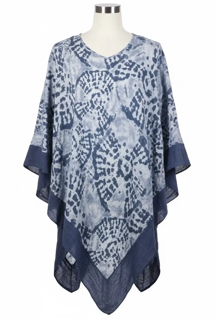 Elena Baldi Poncho Top One Size Denim Blue Linen Blend Italian Resort Coastal - Image 1