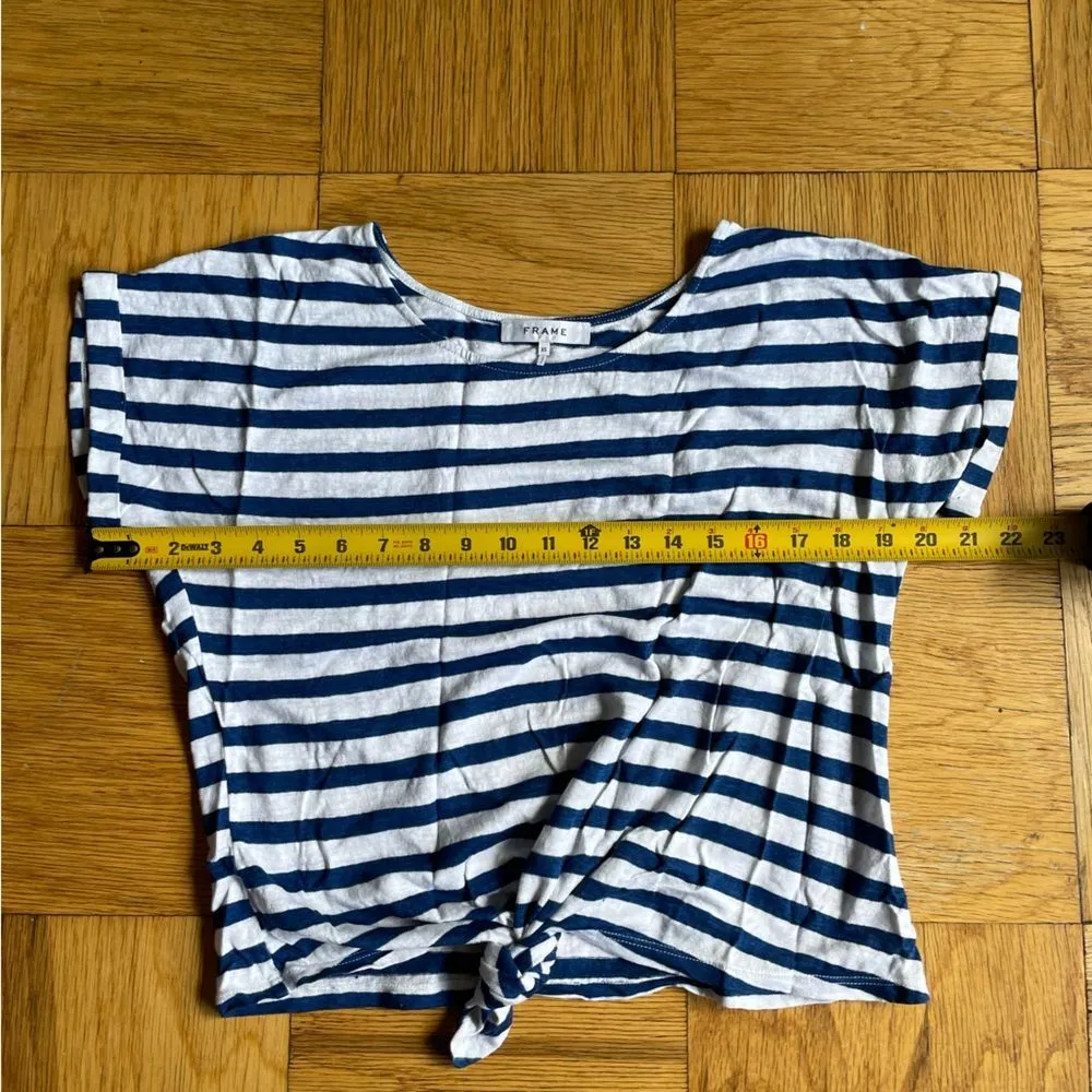 Frame cotton/linen blend relaxed fit tie front blue/white striped t-shirt XS EUC - Image 4