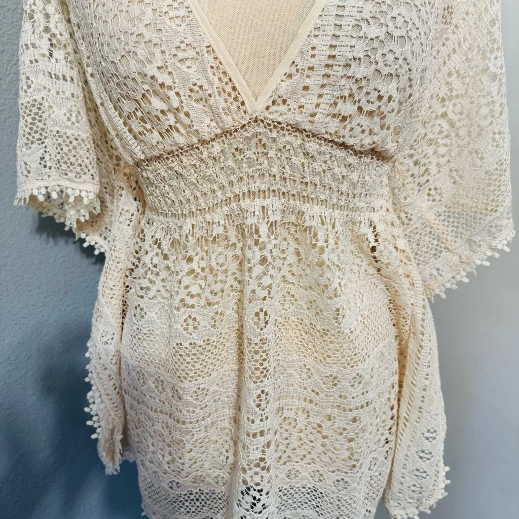 Xhilaration Women Bohemian Cream V-Neck Lace Swim‎ Cover Up Top Sz M - Image 2