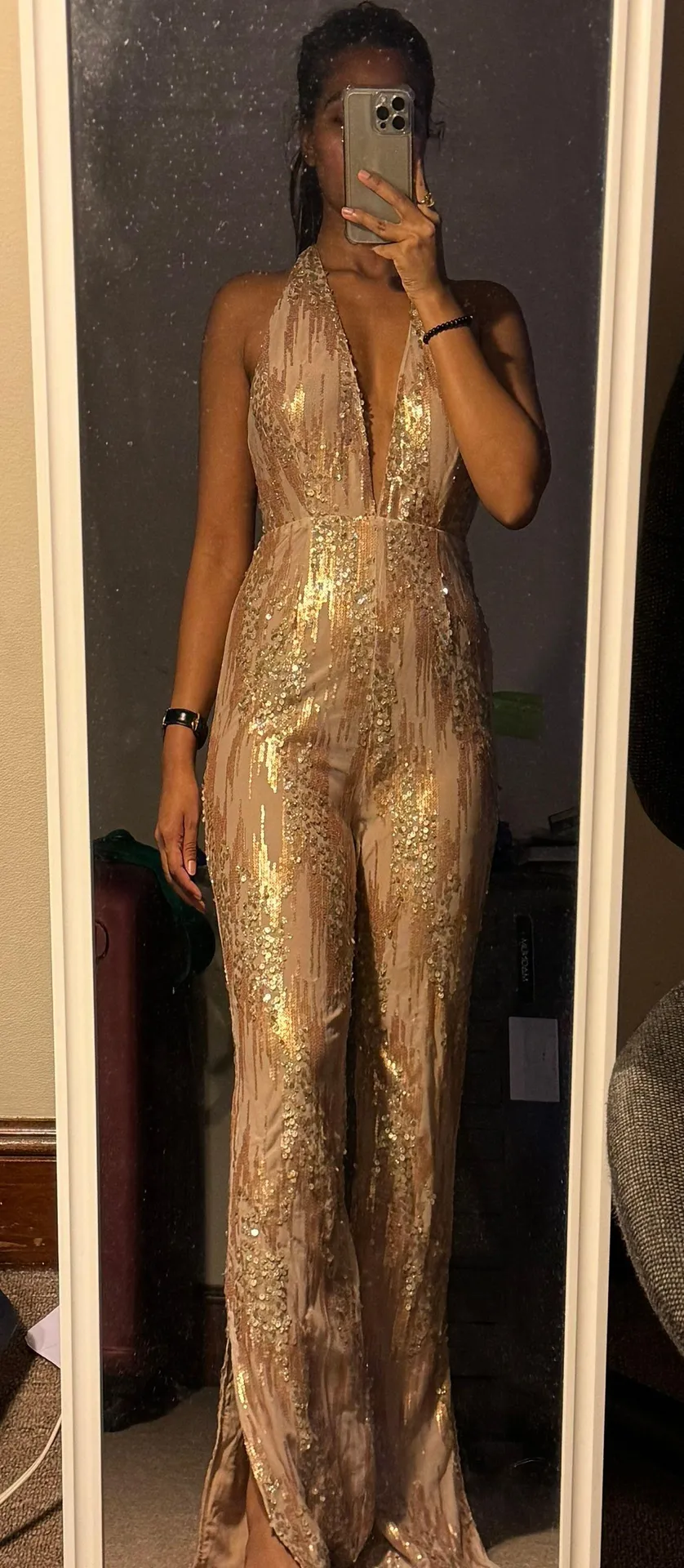 New York Beige Golden Backless Sequin Jumpsuit - Image 5