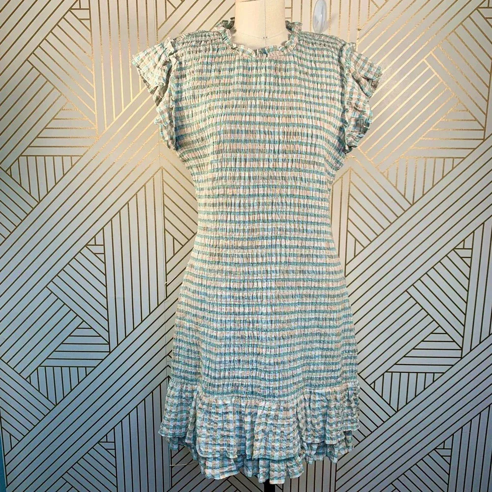 Veronica Beard Cici White‎ Seersucker Smocked Mini Dress Ruffle Hem Size 12 NWT - Image 3