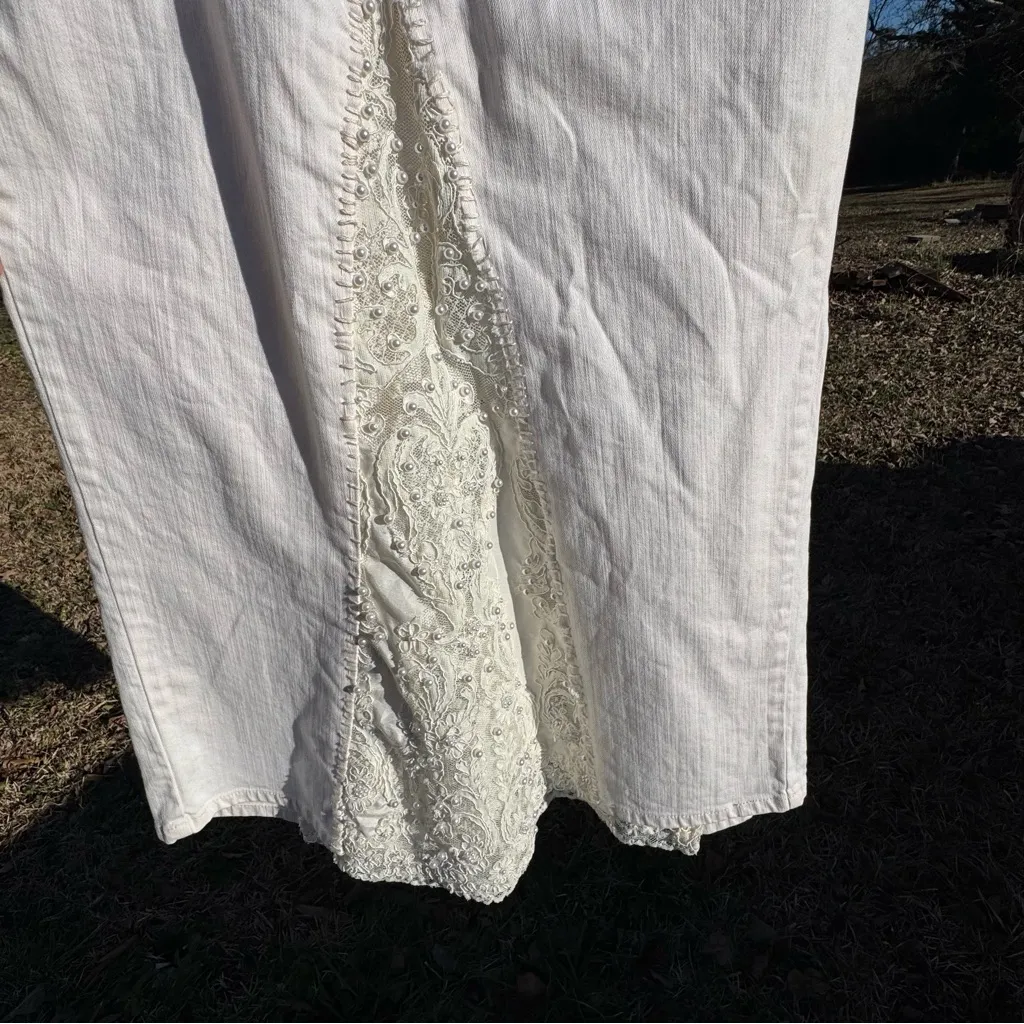 Liz Claiborne Women's Off White Denim Maxi Skirt Lace-inset Front Slip 12P - Image 5