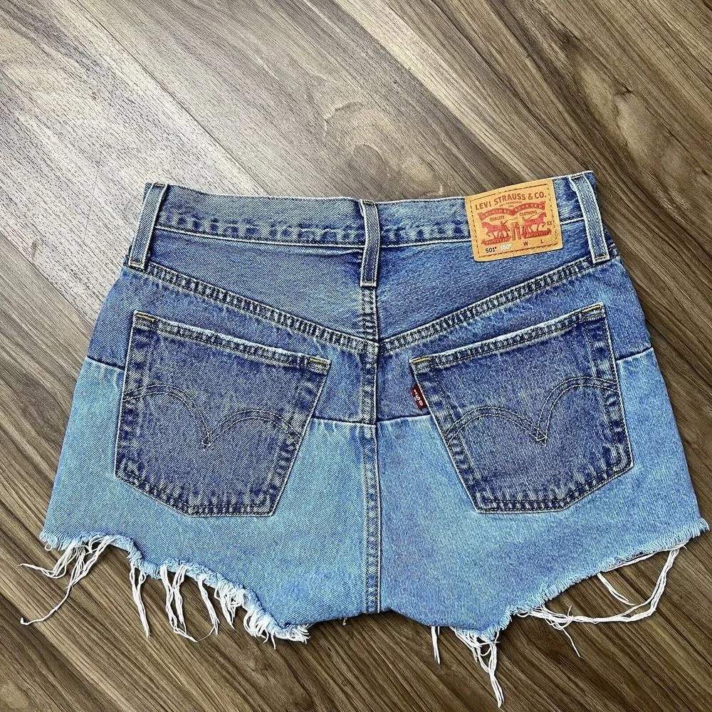 Levis Size 27 501 150 Pieced Shorts Original High Rise Denim Distressed Blue - Image 4
