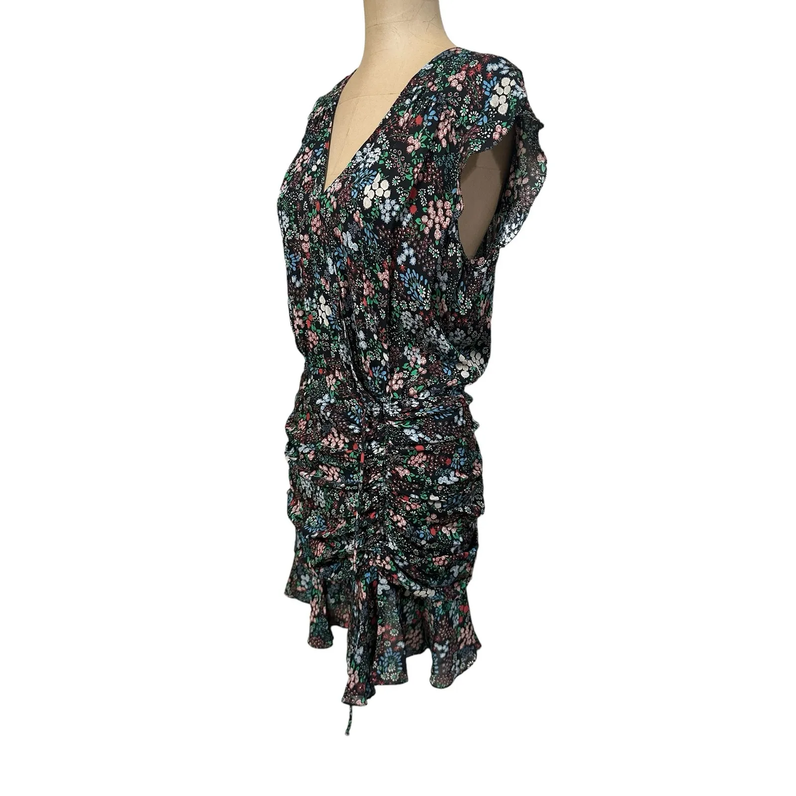 Veronica Beard Mini Dress Black Floral Silk Ruched Short Sleeve Silk - Image 5