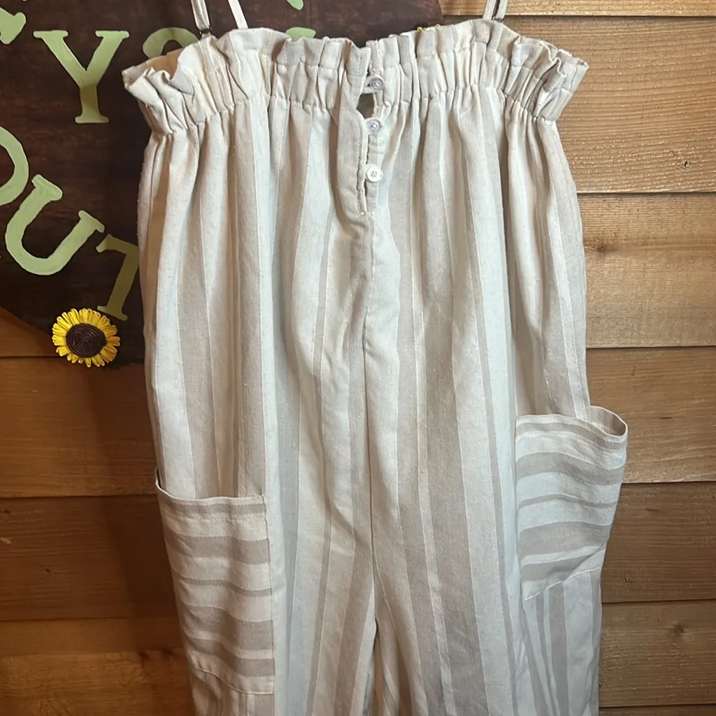 MABLE AILANI WILD LEG JUMPSUIT Linen Cotton Pocket Boho Striped Beige Tan Taupe - Image 6