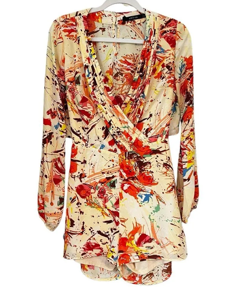 Ark & Co. Paint Splatter Print Cut Out Open Back Long Sleeve Shorts Romper, Sz M - Image 4