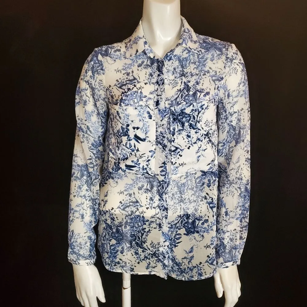 Zara Basic White & Blue Floral Sheer Button Down Shirt (XS) - Image 2