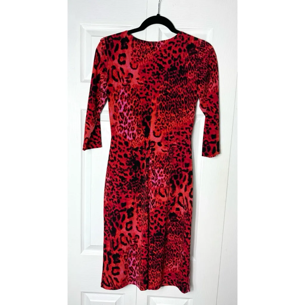 David Meister Red Black Leopard Print Ruched Sheath Bodycon Midi Dress Sz 4 - Image 8