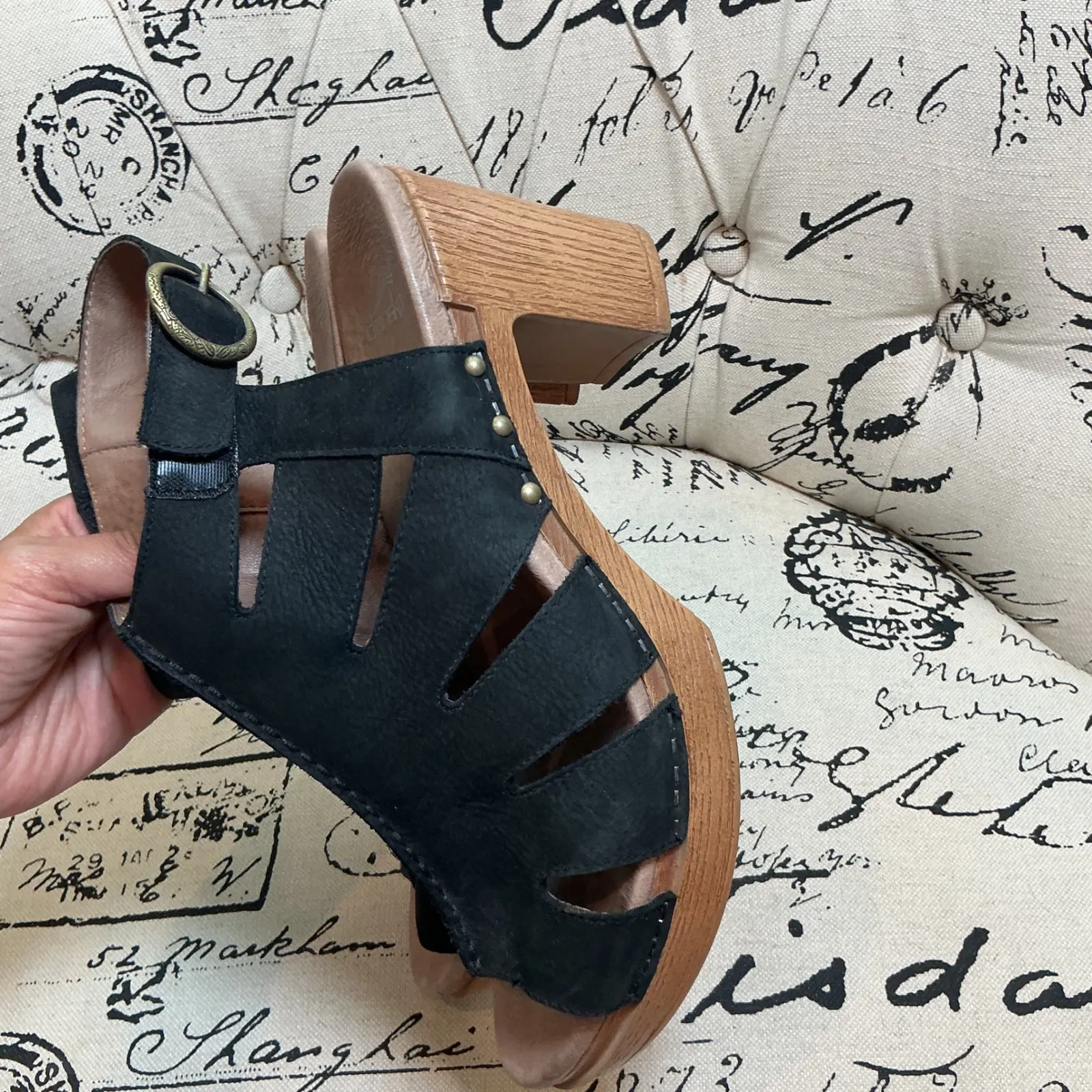 Dansko Demetra Black‎ Block Heel Leather Sandel Wood Platform  Sz EU 41 US sz 10 - Image 8