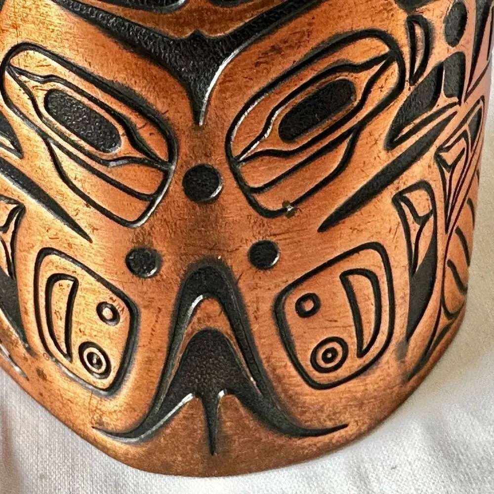 Vintage Northwest Copper solid copper double eagle tiki tribal wide cuff bracelet - Image 5