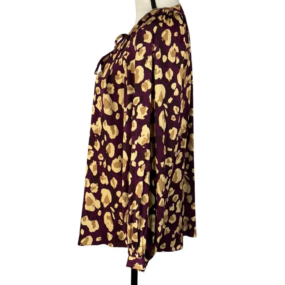 Nine West Medium Top Leopard Print Tie Keyhole V-Neck Long Balloon Sleeve Plum - Image 7