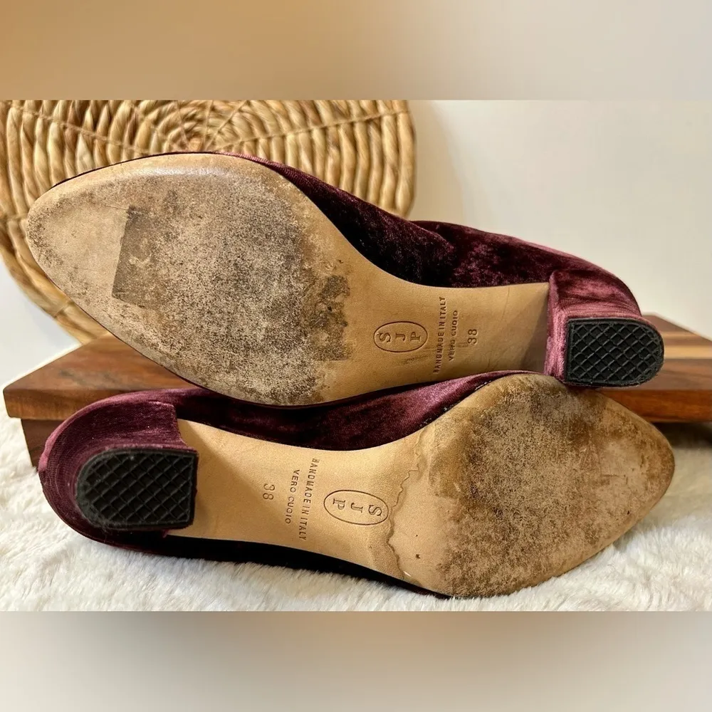 SJP Sarah Jessica Parker Bordeaux Velvet Minnie Boots Size 38 Red - Image 13