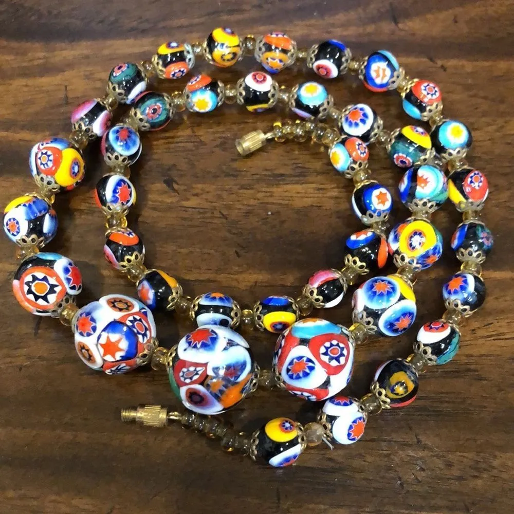 VINTAGE Graduated Millefiori Italian Hand Blown Glass Bead Necklace 22” - Image 12