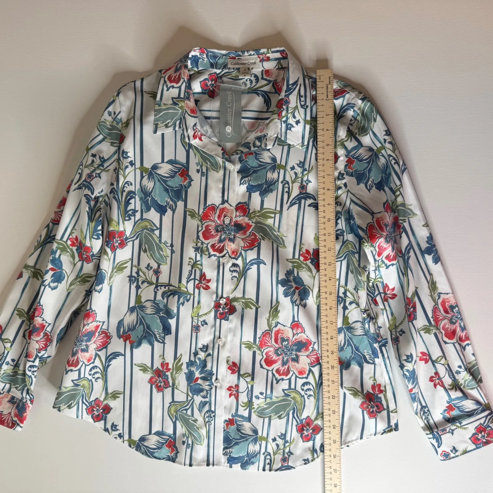 Coldwater Creek Floral Striped‎ Button Down Shirt Size 16 Tropical Casual NEW - Image 8