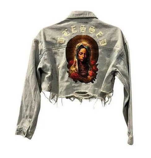 Trio Urban NWT Virgin Mary Blessed Cropped Denim Jean Jacket Size Small/Medium Blue - Image 1