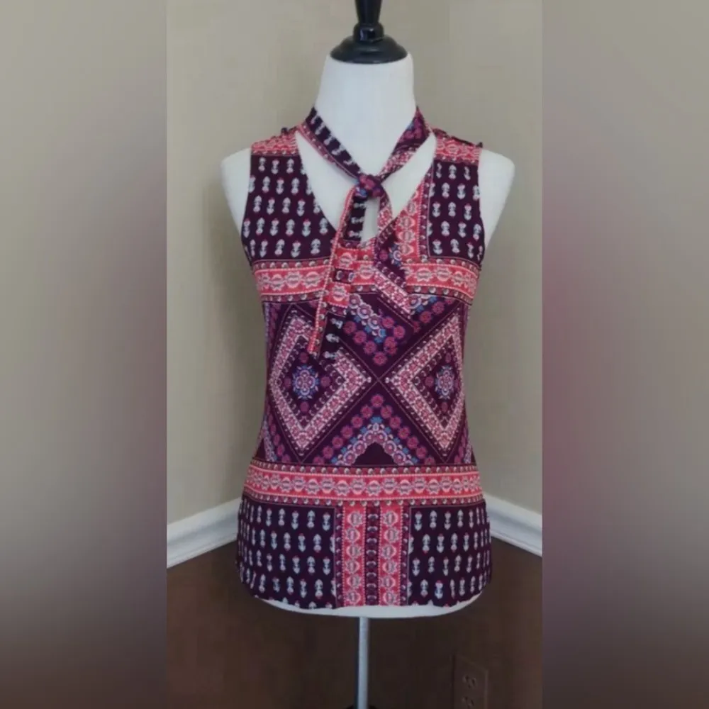 Modcloth Burgundy Floral Tie Neck Retro Sleeveless Top Coquette Boho Pin Up Mod - Image 2