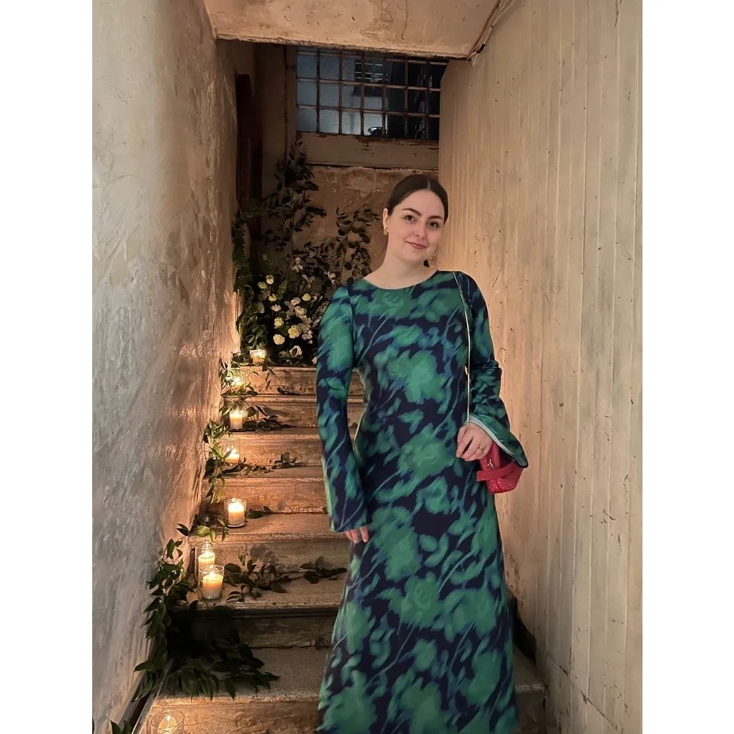 Free People THE WOLF GANG Calypso Green Blue Maxi Long Sleeve Dress sz Small - Image 15