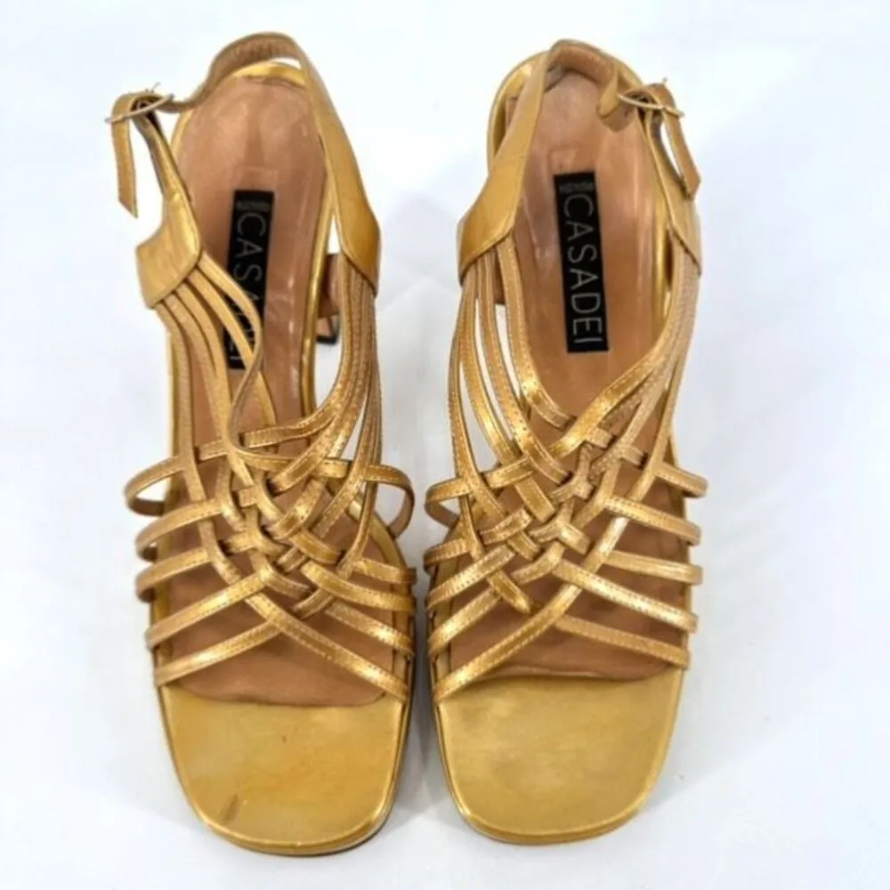 Casadei Womens Leather Peep Toe High Heel Strappy Platform Sandals Gold Size 8.5 - Image 2