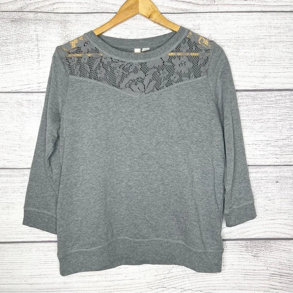 Route 66 Heather Gray Sheer Lace Detail 3/4 Sleeve Sweater Top Size Large - Image 8