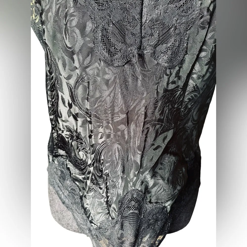 90s Black Satin Silky Lace Goth Romantic Lingerie Intimate Cropped Cami Slip Top Size M - Image 2