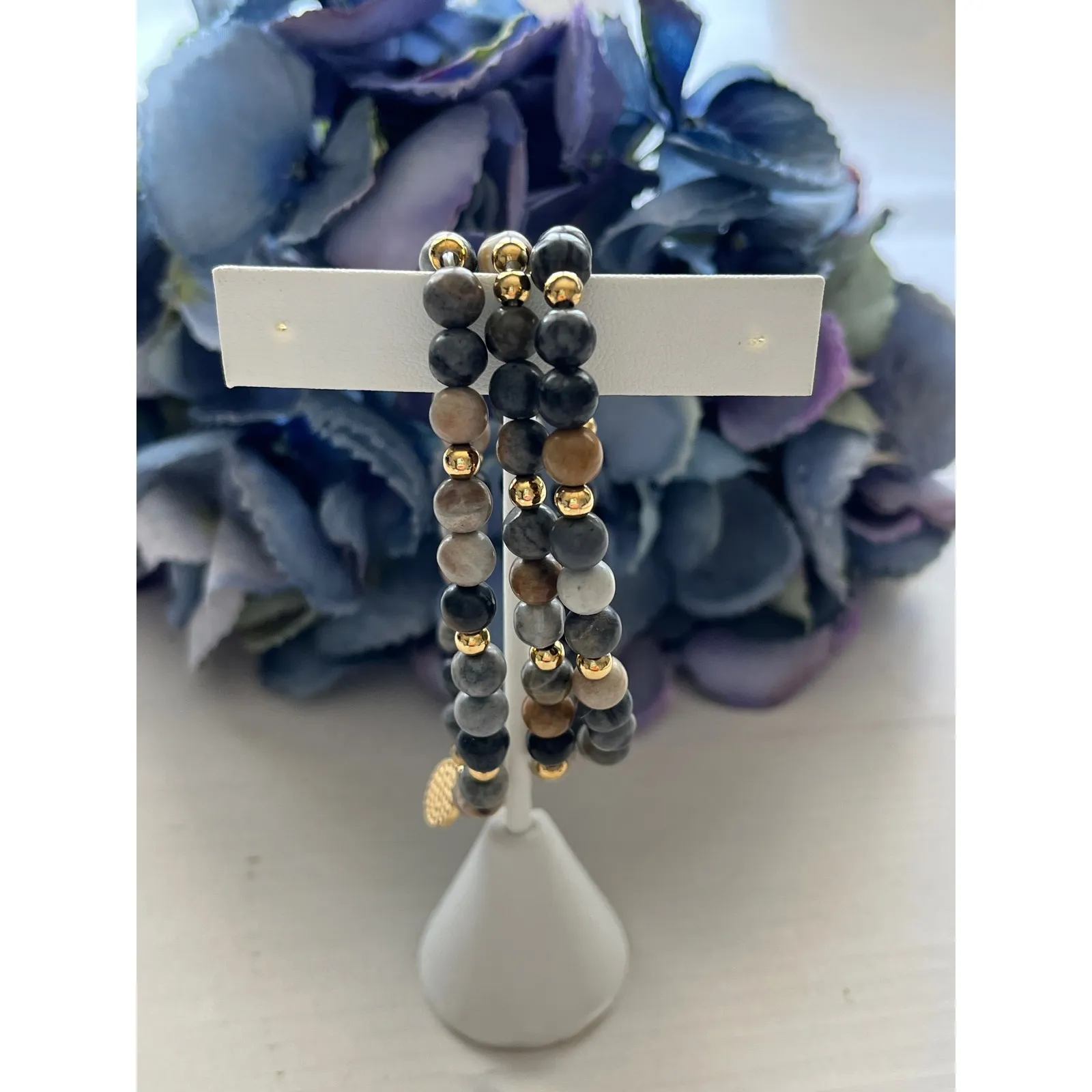 Beaded Stretch Bracelet Set‎ Natural Stone Gray Brown Gold Charm Boho Stacking - Image 3