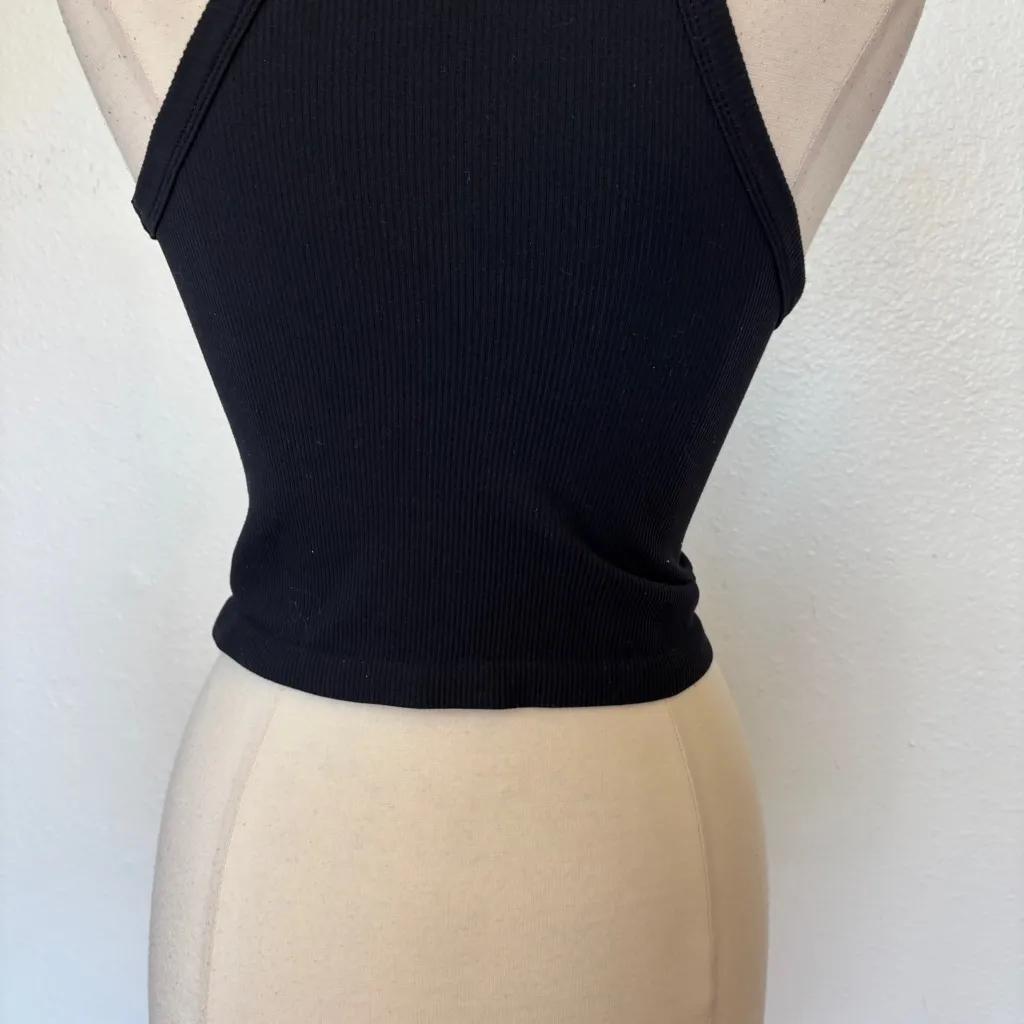 Suzette Solid Black Ribbed Halter Tank Top - Image 6