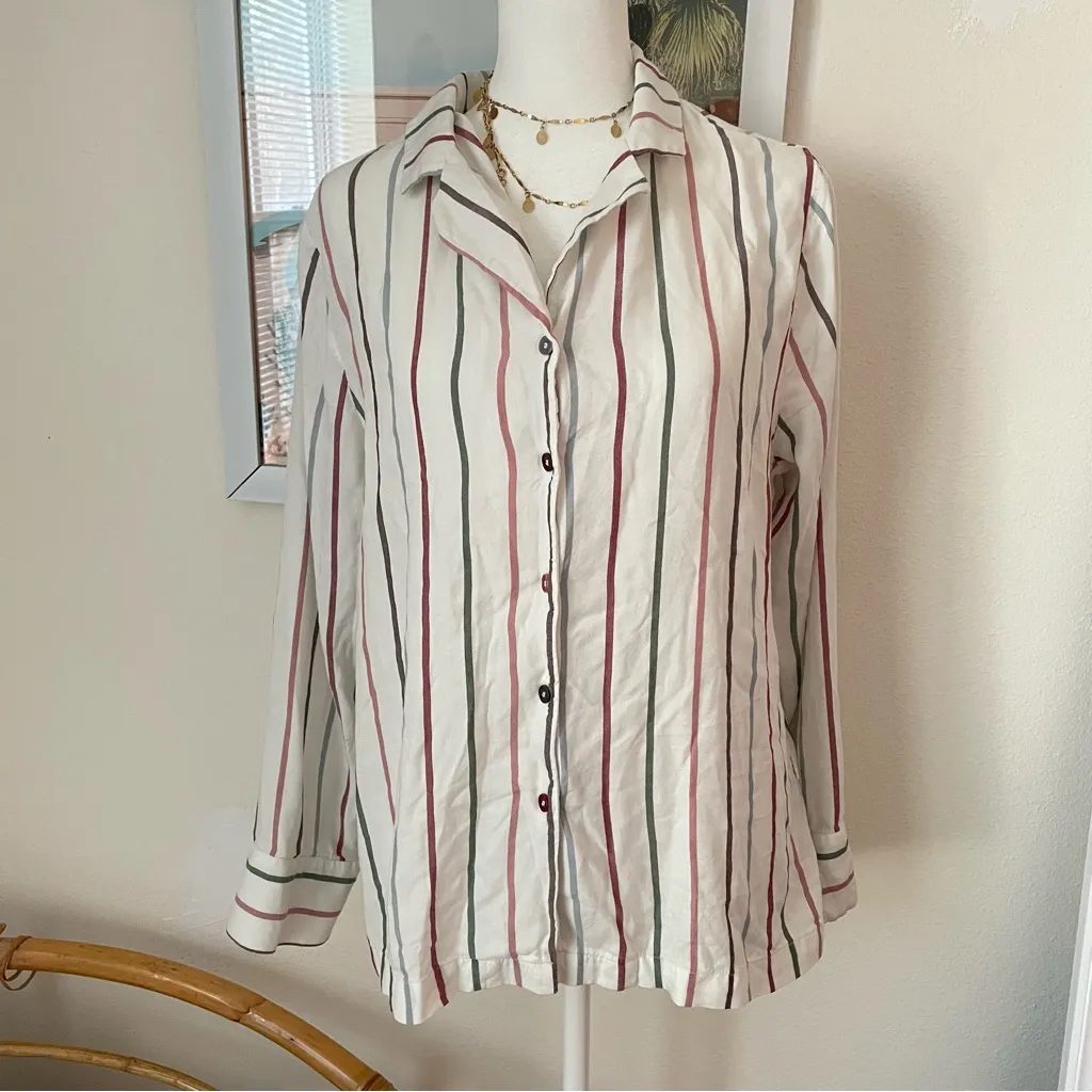 Cozy Earth Woven Long Sleeve Pajama Top Cottage Stripe Size Medium Green - Image 5