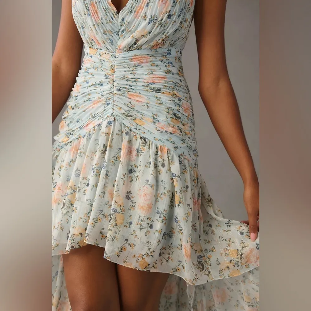 IEENA For MAC DUGGAL Floral Print Ruched Cap Sleeve High Low Gown 6 - Image 10