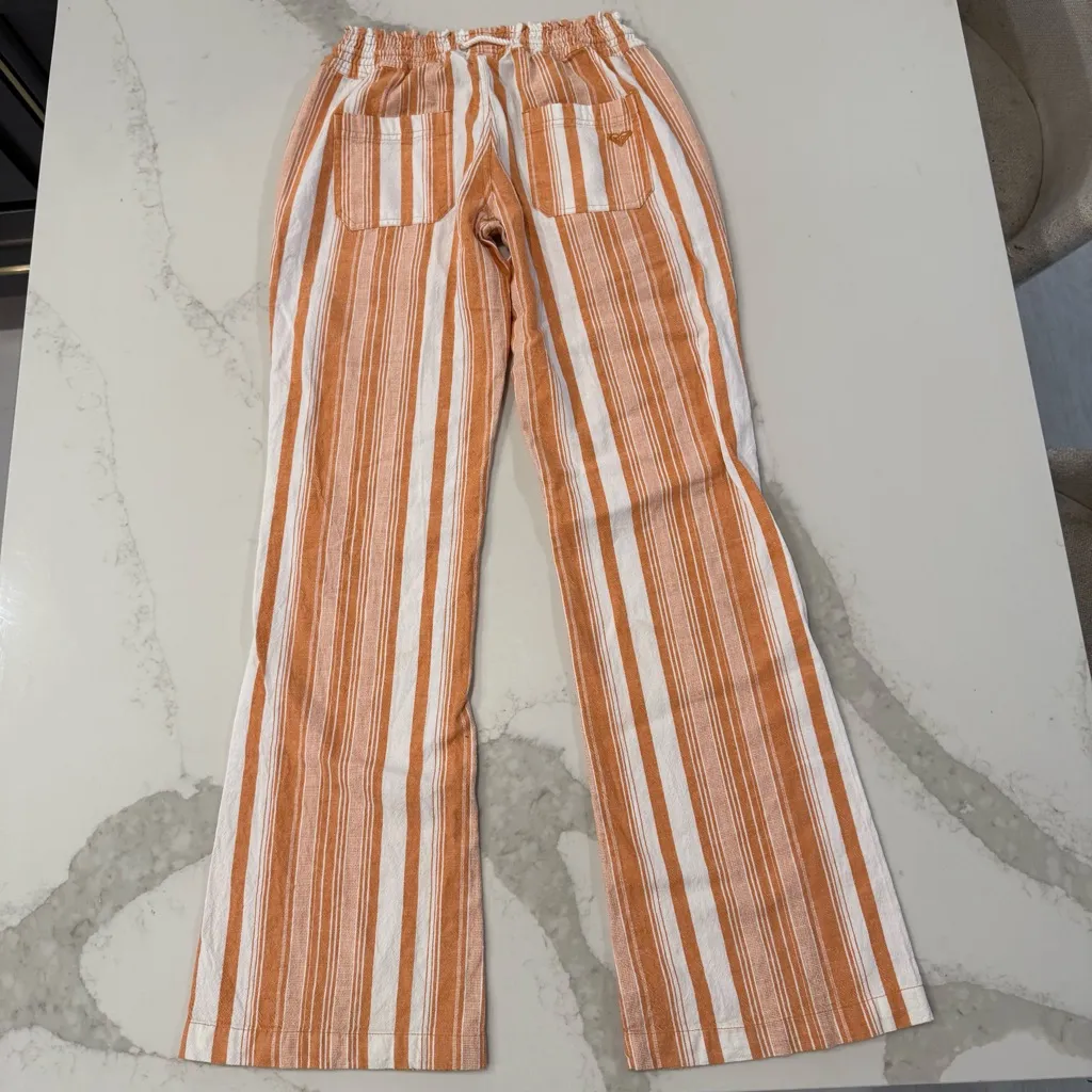 Roxy Oceanside Flared Beach Pants Womens Small Toast Paradise Stripe Linen Blend - Image 11