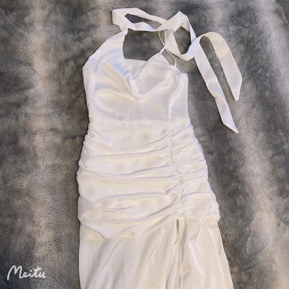 White Satin Asymmetrical Choker Ribbon Bodycon Slit Maxi Evening Wedding Dress - Image 6