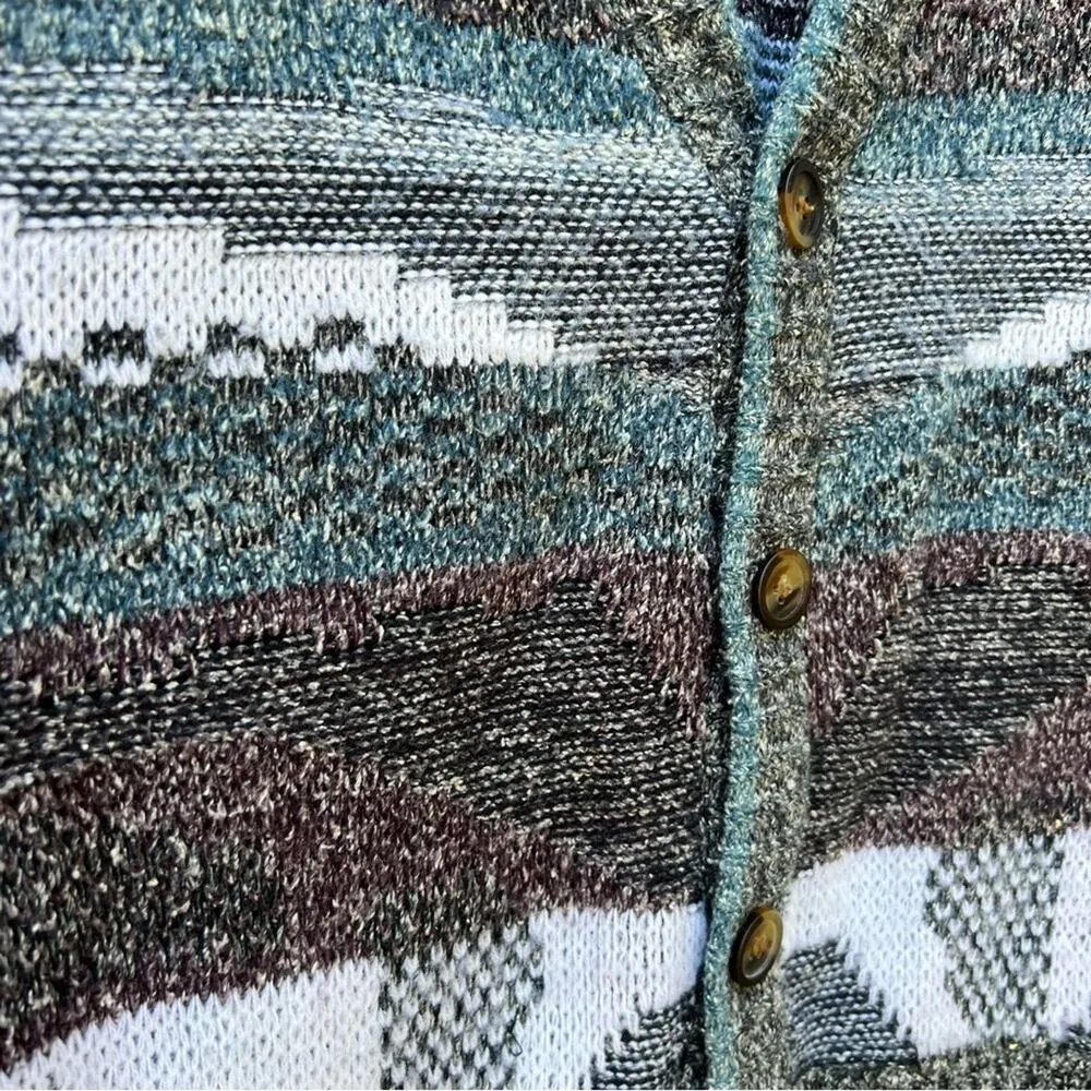 Vintage Expressions abstract mountains lakeside knit cardigan sweater Blue Size L - Image 2