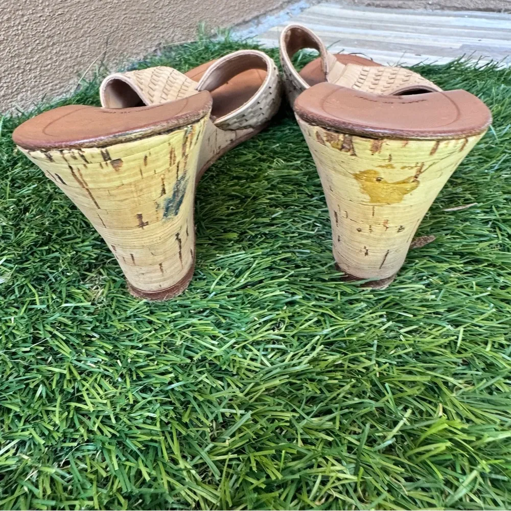 Vintage Maserati Woven Leather Wedge Sandals Made in Italy Tan Size 10 - Image 6