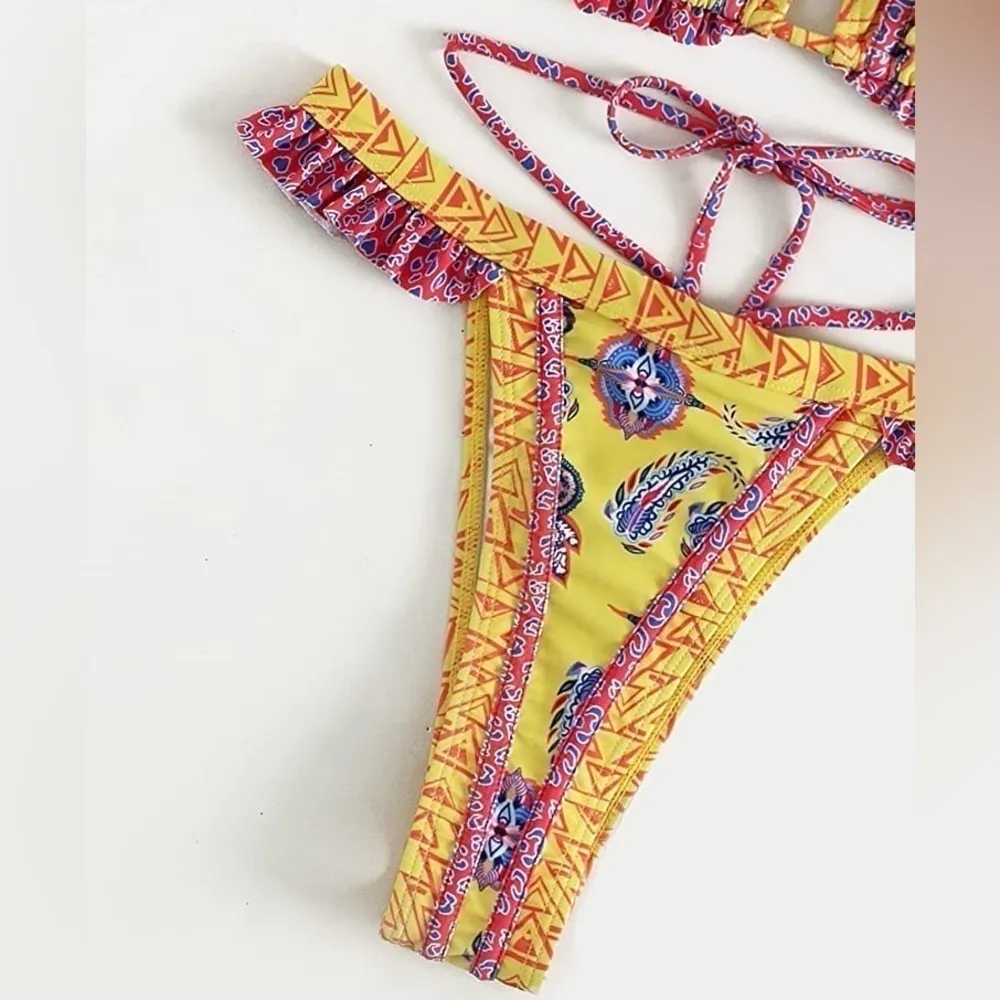 Boho Floral Geo Print Yellow Bikini Bottoms Small - Image 2