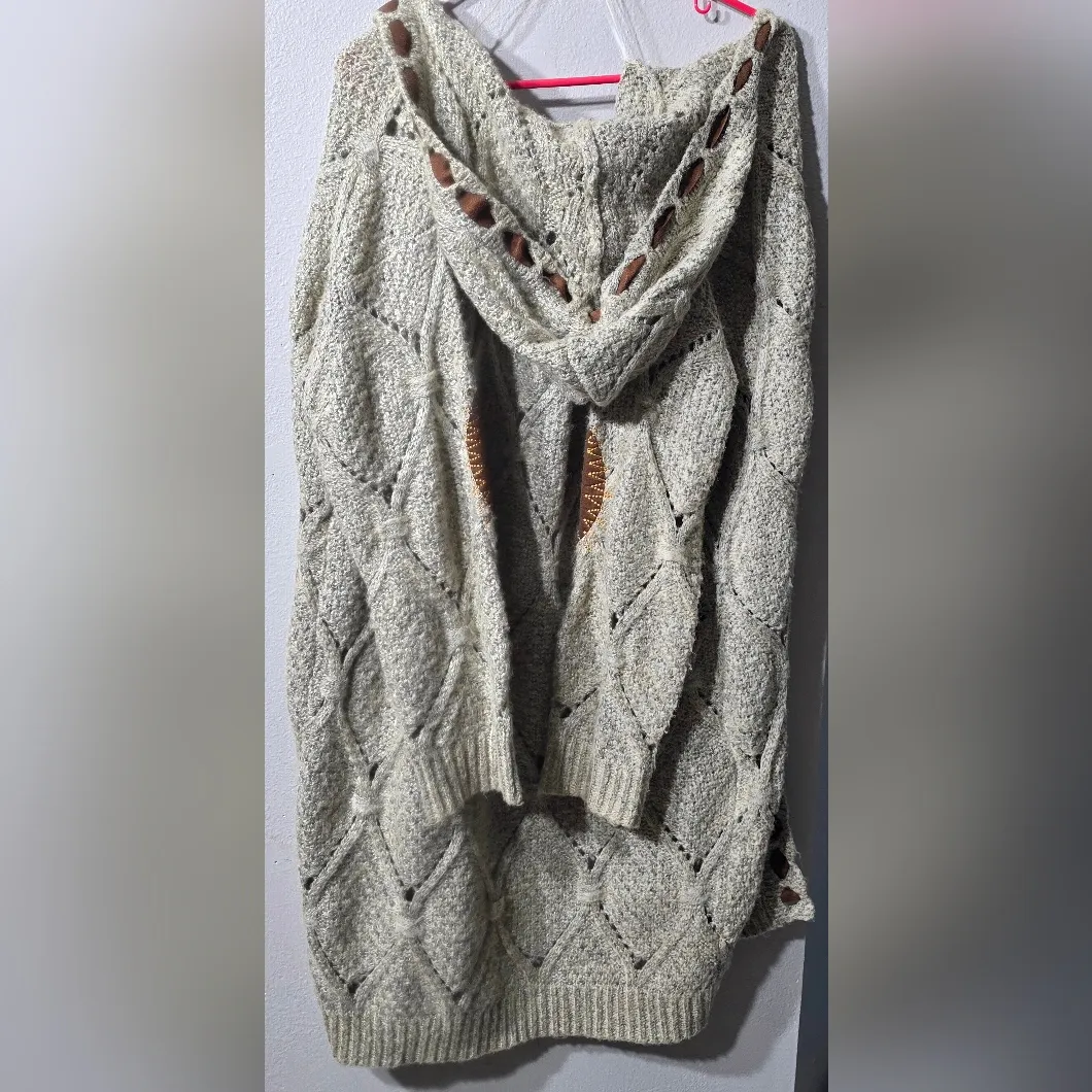 POL Women’s Diamond Eyelet Tan Sweater Cardigan Duster Elbow Patches Boho Size S - Image 2