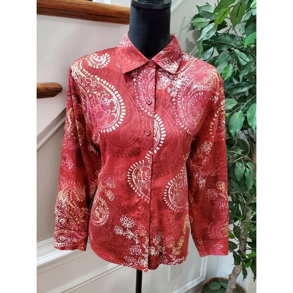 Westbound Women's Red Floral Cotton Long Sleeve Collared Button Down Shirt PL - Image 2
