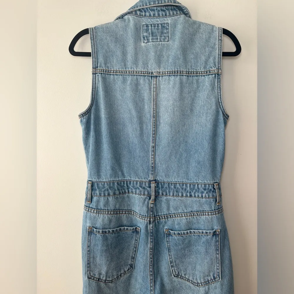 Forever 21‎ Sleeveless Frayed-Hem Blue Denim Button Up Jumpsuit Sz Small - Image 8