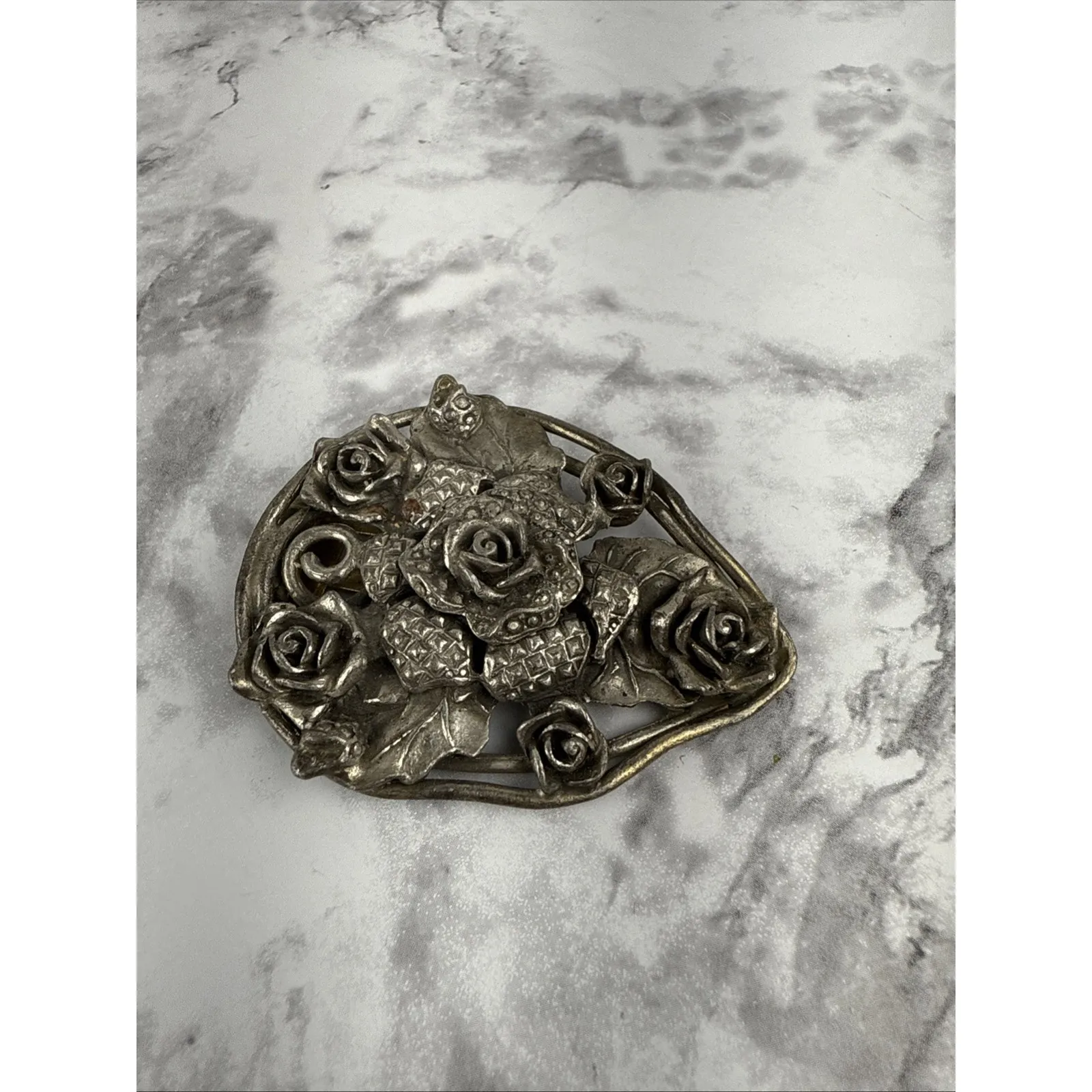 Antique Art Deco Dress Fur Scarf Clip Rose Floral Art Nouveau Vintage Jewelry Silver - Image 4