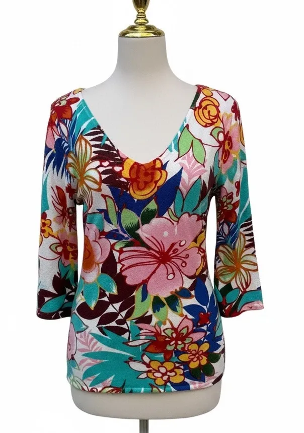 Boston Proper Top Sz M Bold Floral Print Stretch Split Sleeve Resortwear Vibrant - Image 1
