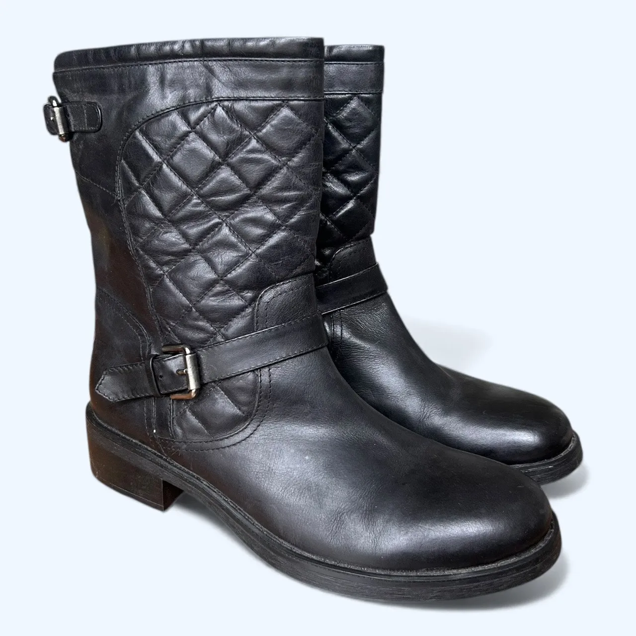 Aquatalia Black Leather Quilted Moto Boots Biker Buckle Women’s Size 12 Italy - Image 8