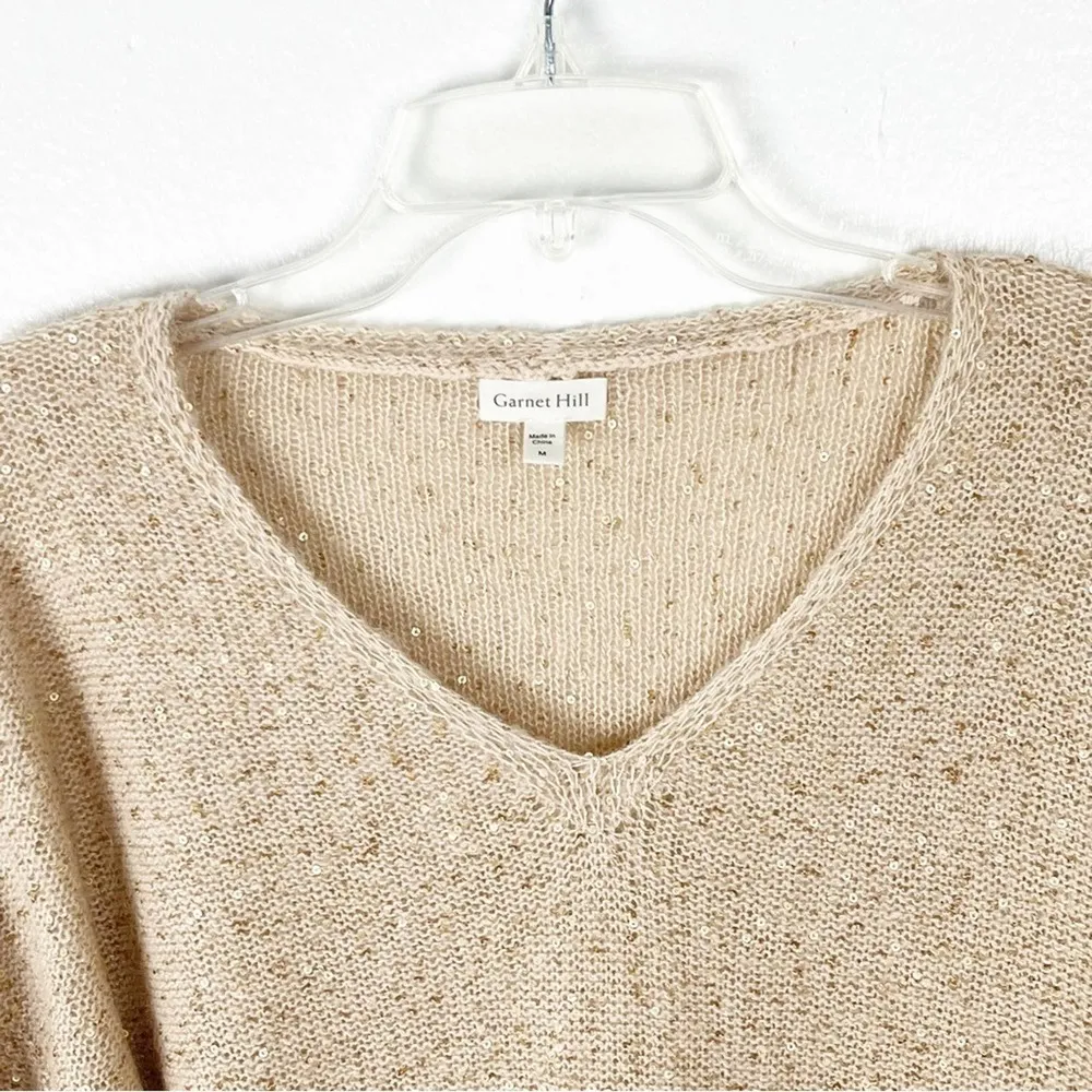 GARNET HILL Metallic Gold Sequin Alpaca Wool Blend V-Neck Sweater, Size Medium - Image 7