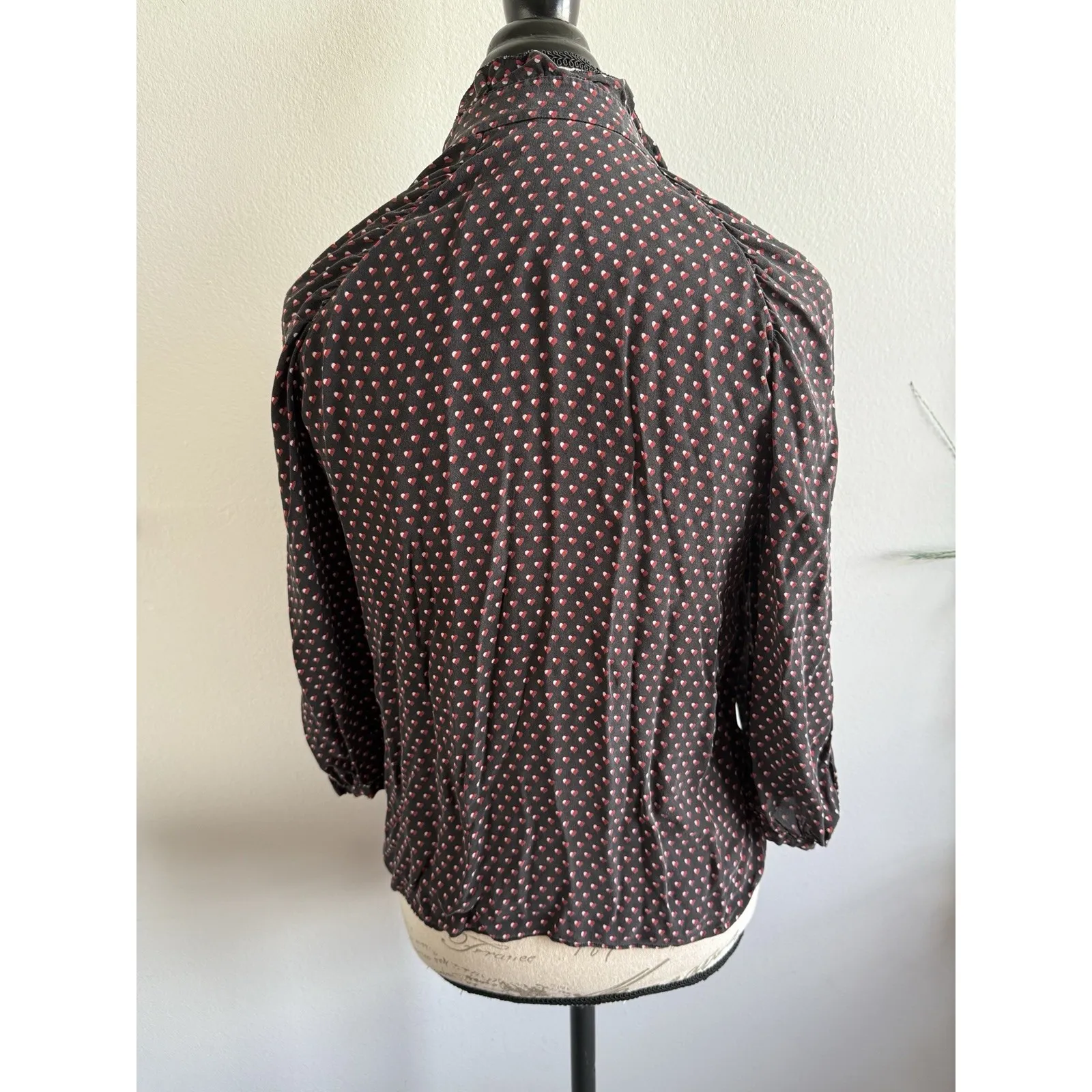 Frame Black Silk Heart Print Grace Ruffle Trim Puffed 3/4  Sleeves Size M - Image 2