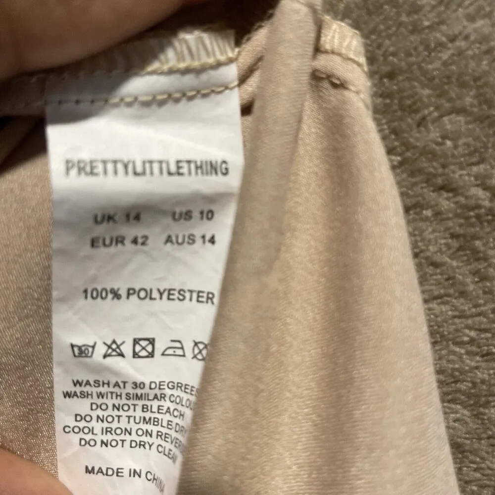 PrettyLittleThing Dress Womens 10 Rust Cowl Neck Satin Midi Tan Slit Nude - Image 6